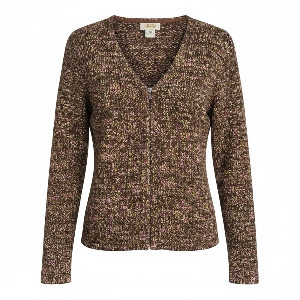 Women M TALBOT's Chunky Cardigan Sweater Brown Purple Colorful zipper Vtg